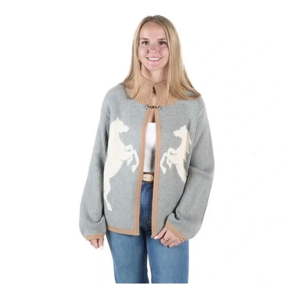 THML Sweaters - Horse Equestrian Knit Cardigan Sweater Cape Shrug Gray Horses Western S New
